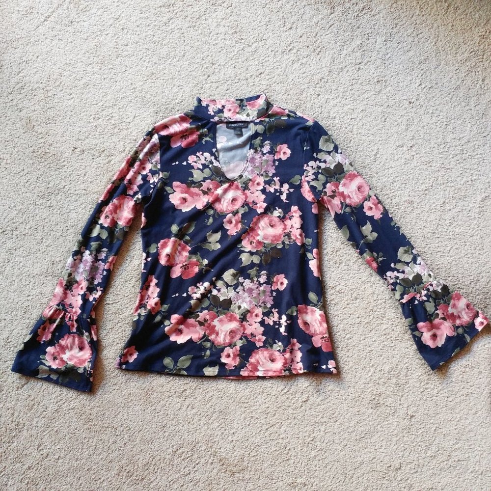 Joe Boxer Floral Bell Sleeve Tops with Choker & Keyhole Neckline (Navy/Pink)